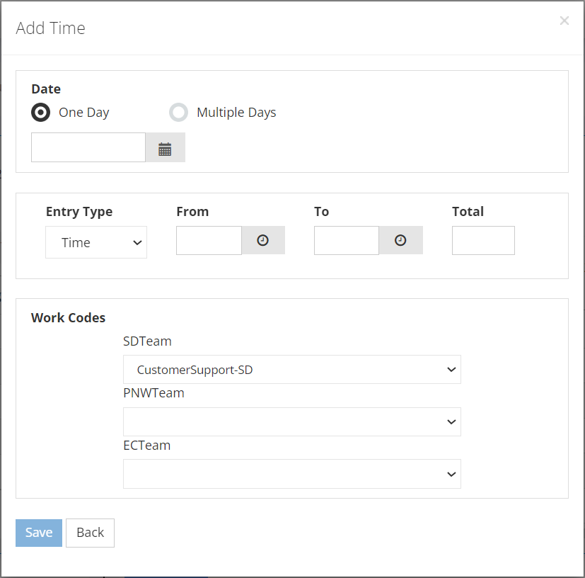 A screenshot of the Add Time modal showing the options described below.