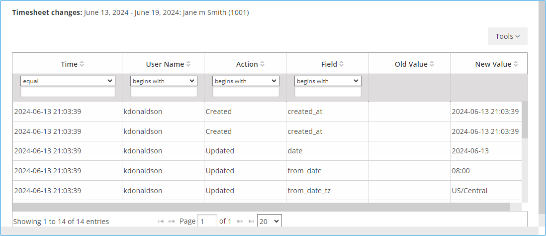 A screenshot of the Timesheet Changes Report screen showing multiple edits.