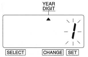 A graphic of the time clock display showing the arrow icon pointing toward Year Digit, the number 1 is surrounded by lines indicating blinking.