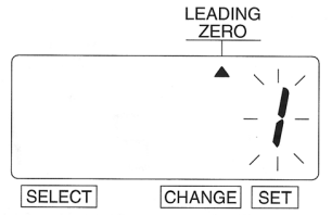A graphic of the time clock display showing the arrow icon pointing toward Leading Zero, the number 1 is surrounded by lines indicating blinking.