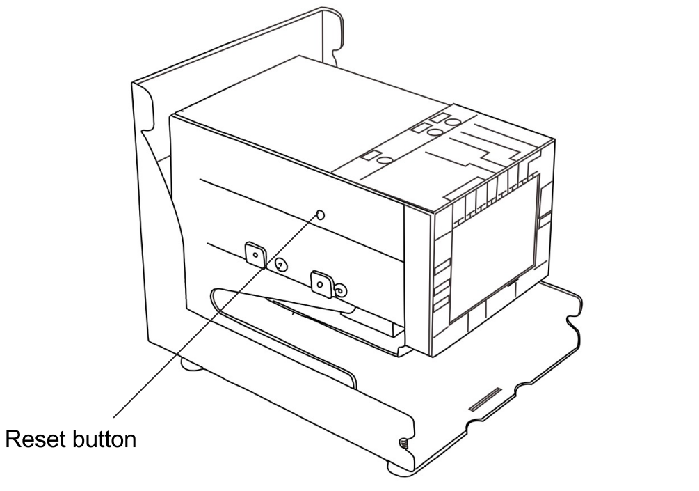 A diagram of the clock with the cover off, a small circle button on the right of the device is labeled as Reset Button.