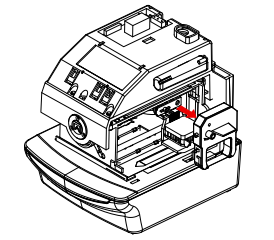 Diagram of the ES900 with the cover removed. A red arrow points to the ink ribbon cassette, indicating the direction to pull it away from the device.