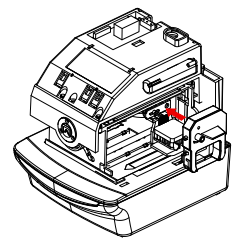 Diagram of the ES900 with the cover removed. A red arrow points toward the device, indicating the direction to install the ribbon casette into the device.